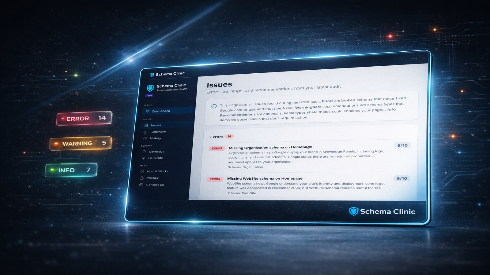 Schema Clinic issues page showing schema errors, warnings, and recommendations classified by severity for a Shopify store